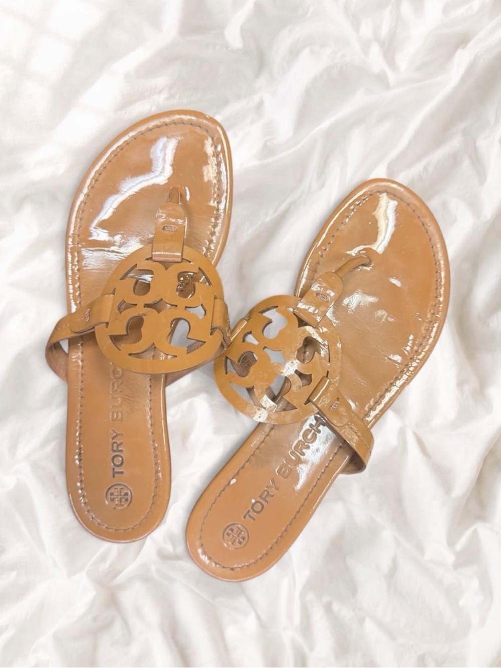 Tory Burch Tan Patent Leather Logo Thong Sandals